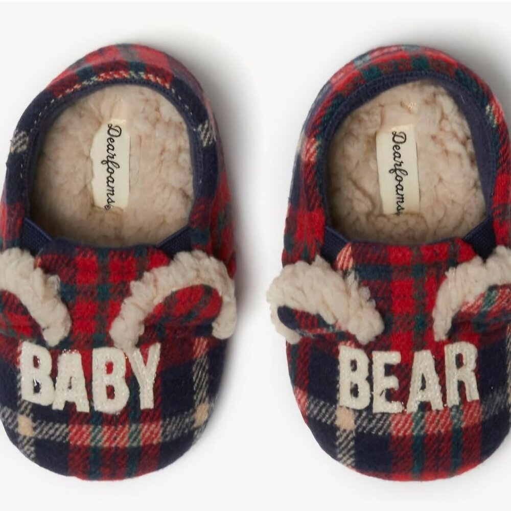 Dearfoams Infant Baby Bear Memory Foam Slippers 9-12 Months Plaid New